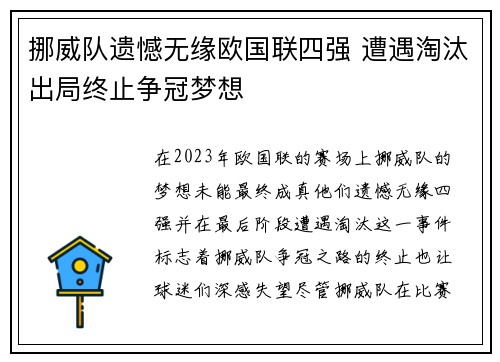 挪威队遗憾无缘欧国联四强 遭遇淘汰出局终止争冠梦想